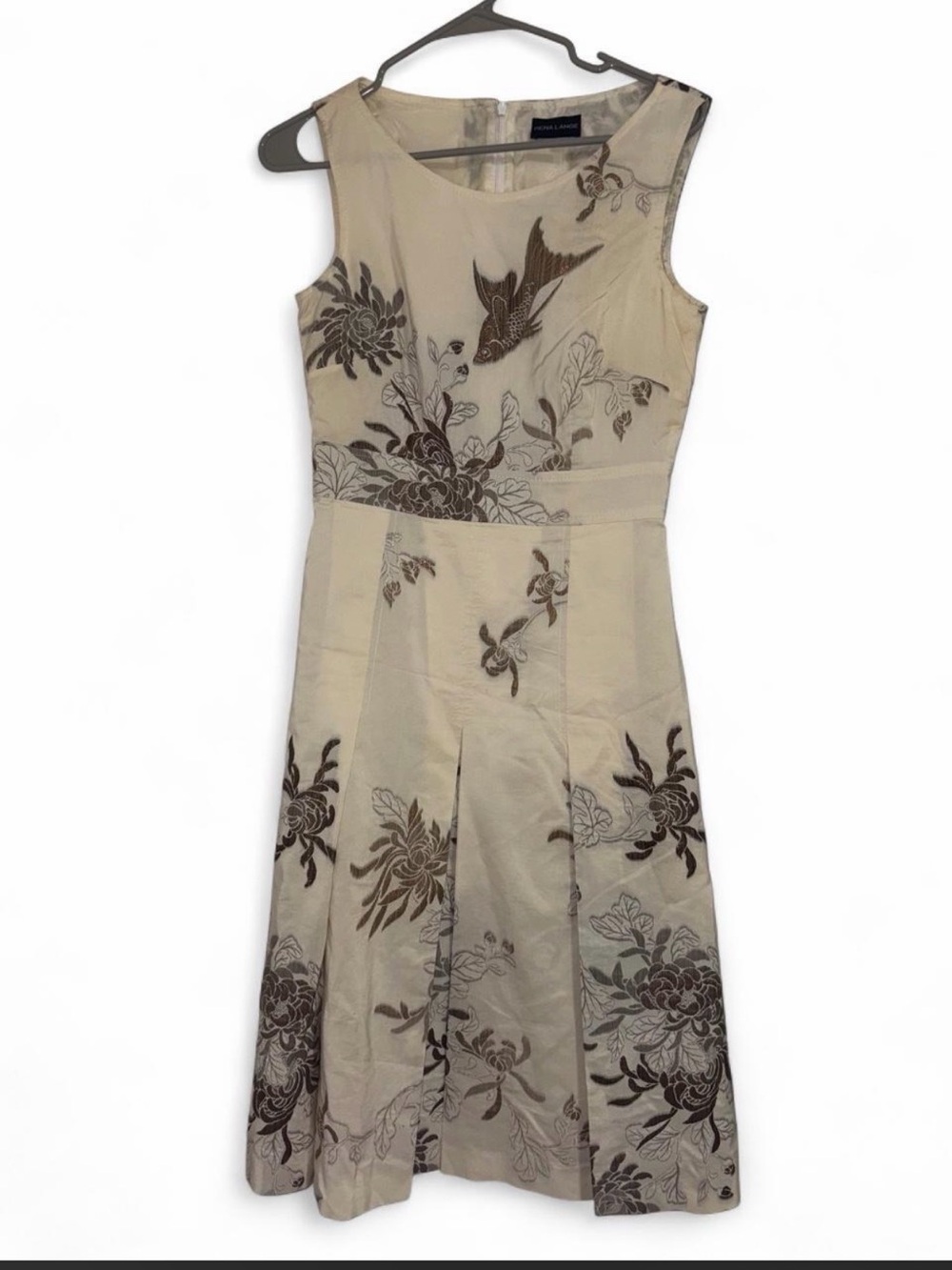 Rena Lange Beige Floral/Aquatic Embroidered Sleeveless Dress